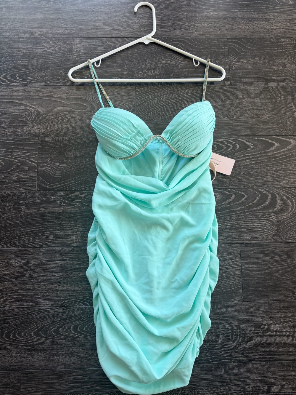 Oh Polly Mint Ruched Cocktail Dress with Rhinestone Straps - Picture 2 of 3